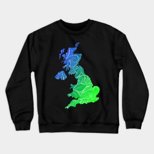 Colorful mandala art map of United Kingdom with text in blue and green Crewneck Sweatshirt